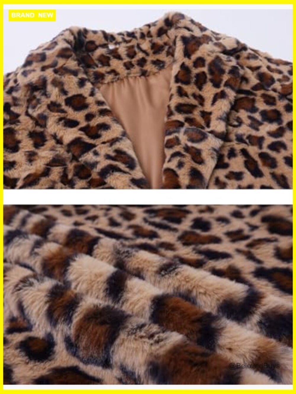 Faux Fur Jacket Leopard Print Coats Loose Open Front with Pockets - Picture 6 of 7